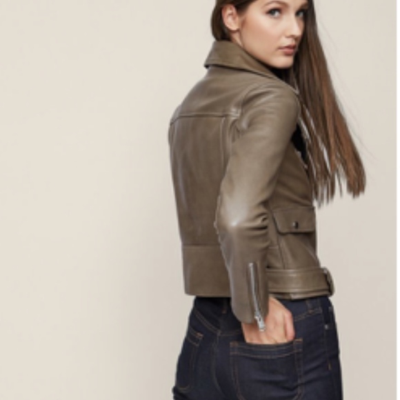 Reiss Kate Leather Biker Moto Jacket Khaki - Picture 4 of 8